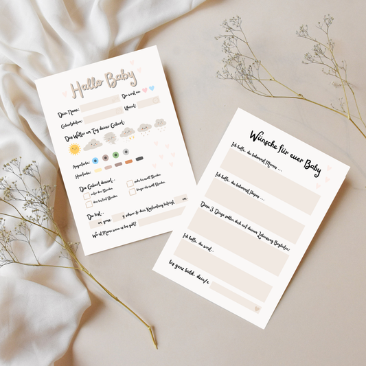 Set aus zwei Hallo Baby Karten im Boho Stil mit Trockenblumen – liebevoll gestaltete Geburtsdaten- und Erinnerungsblätter für Babys