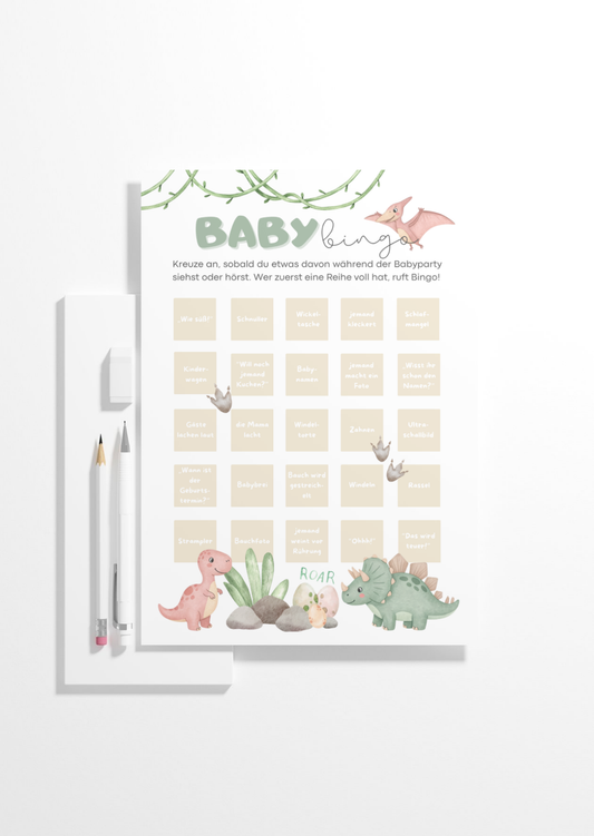 Dinosaurier Baby Bingo Karte im Boho Stil, Partyspiel für Babyparty mit Stift-Set, minimalistische Produktdarstellung auf weißem Hintergrund