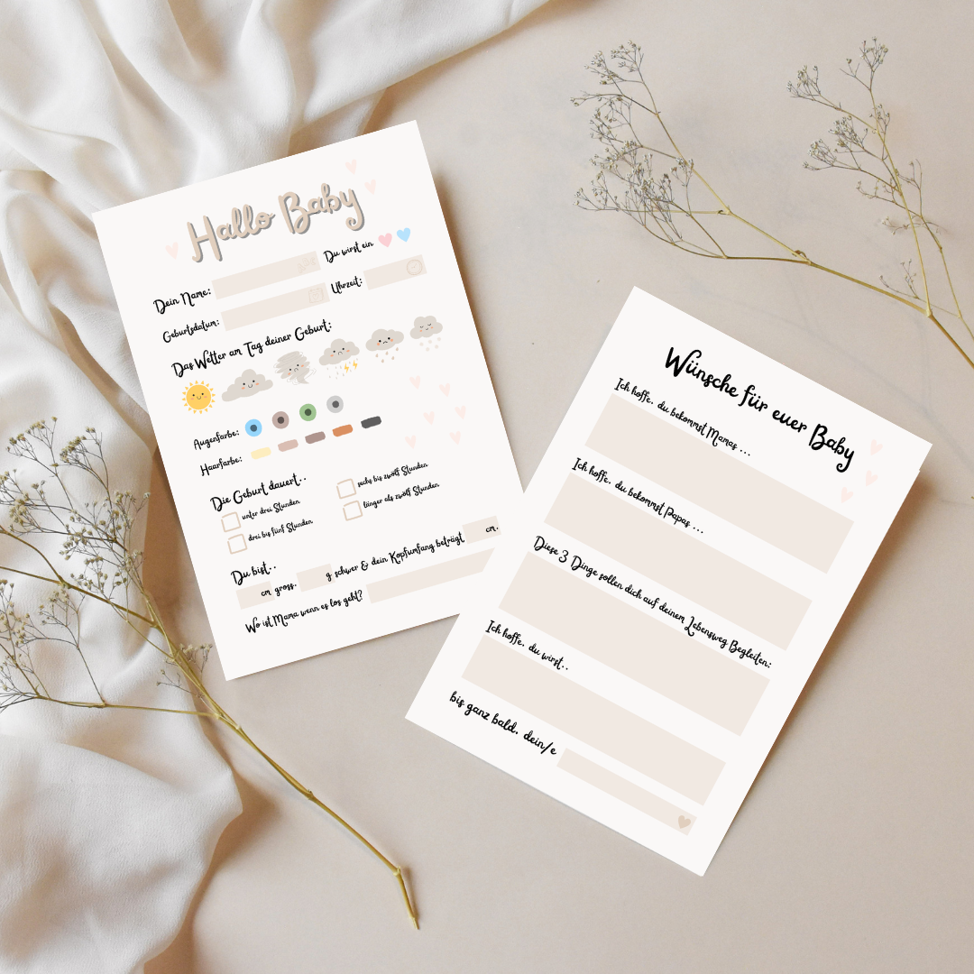 Set aus zwei Hallo Baby Karten im Boho Stil mit Trockenblumen – liebevoll gestaltete Geburtsdaten- und Erinnerungsblätter für Babys