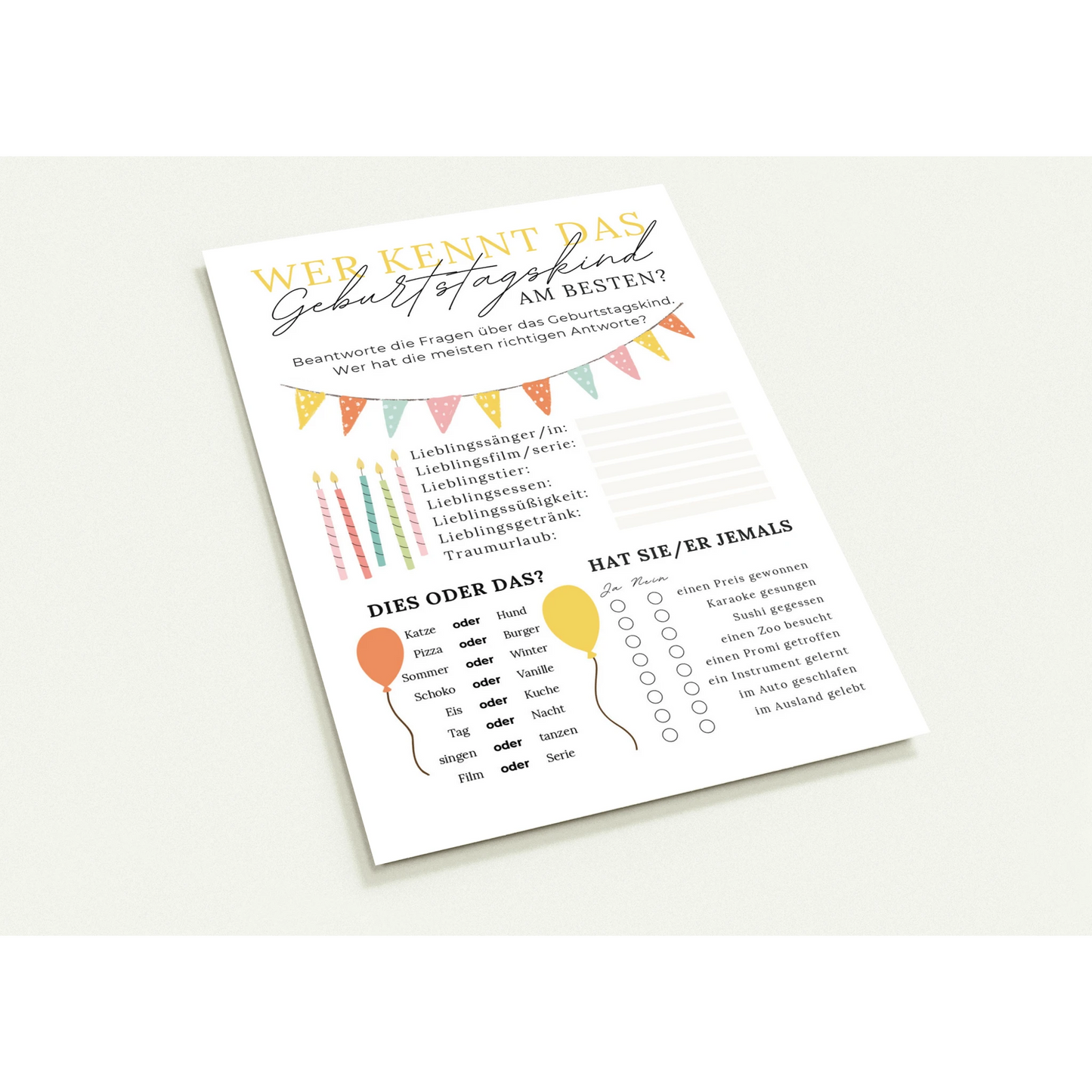 Geburtstagsquiz Karte – Wer kennt das Geburtstagskind am besten – Boho Design mit Luftballons und Wimpeln auf beigem Hintergrund