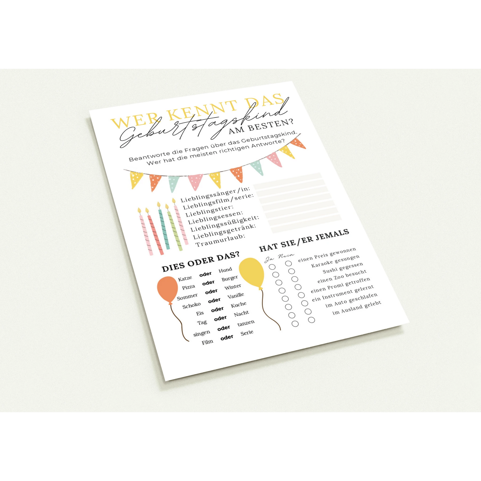 Geburtstagsquiz Karte – Wer kennt das Geburtstagskind am besten – Boho Design mit Luftballons und Wimpeln auf beigem Hintergrund