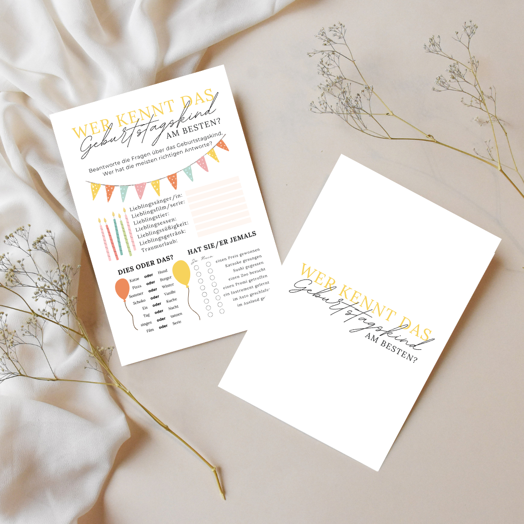Set aus zwei Geburtstagsquiz Karten im Boho Stil – Vorder- und Rückseite auf hellem Stoff mit Trockenblumen – Partyspiel Wer kennt das Geburtstagskind am besten