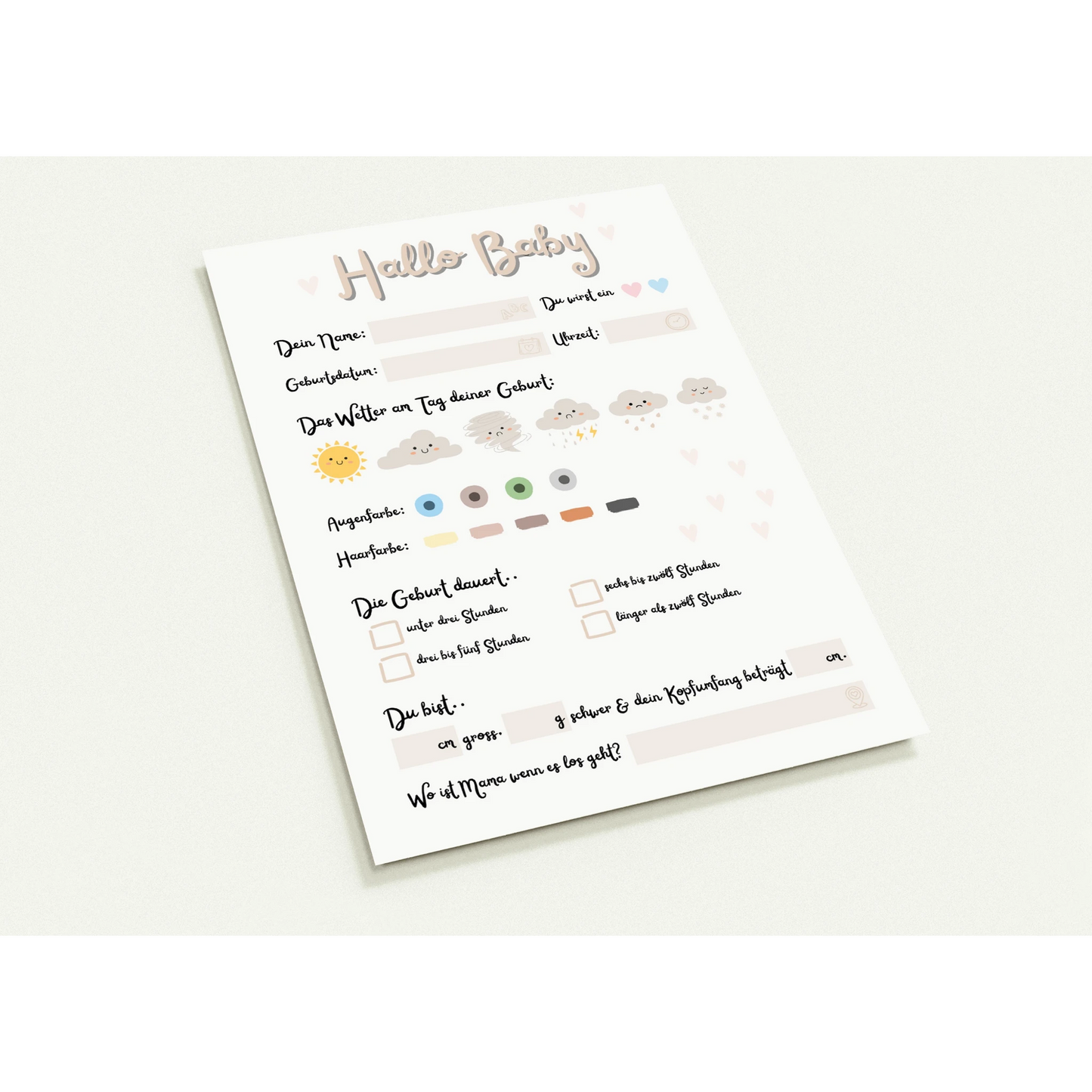 Hallo Baby Karte im Boho Stil in Beige, liebevoll gestaltete Geburtsdatenkarte mit Wetter-, Augen- und Haarfarbe zum Ausfüllen – Erinnerung zur Geburt