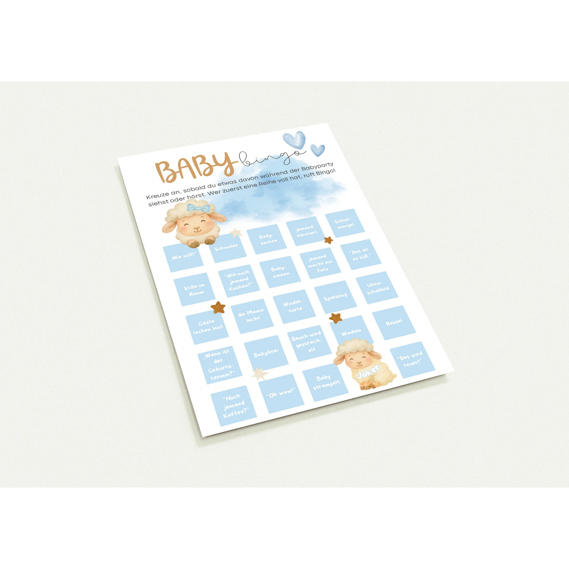 Baby Bingo Spielkarte für Babyparty in Blau mit Lammmotiv, liebevoll gestaltetes Boho Partyspiel für werdende Eltern