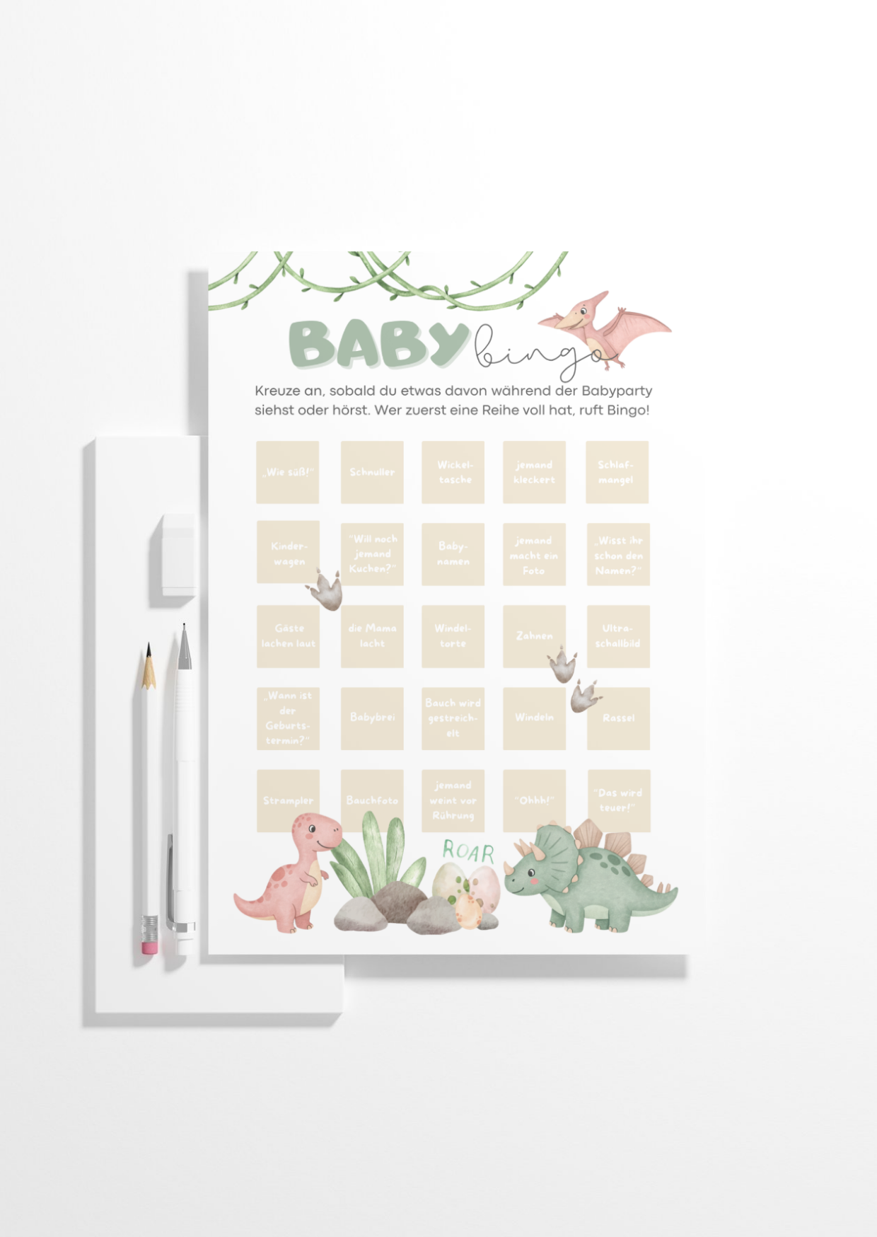 Dinosaurier Baby Bingo Karte im Boho Stil, Partyspiel für Babyparty mit Stift-Set, minimalistische Produktdarstellung auf weißem Hintergrund