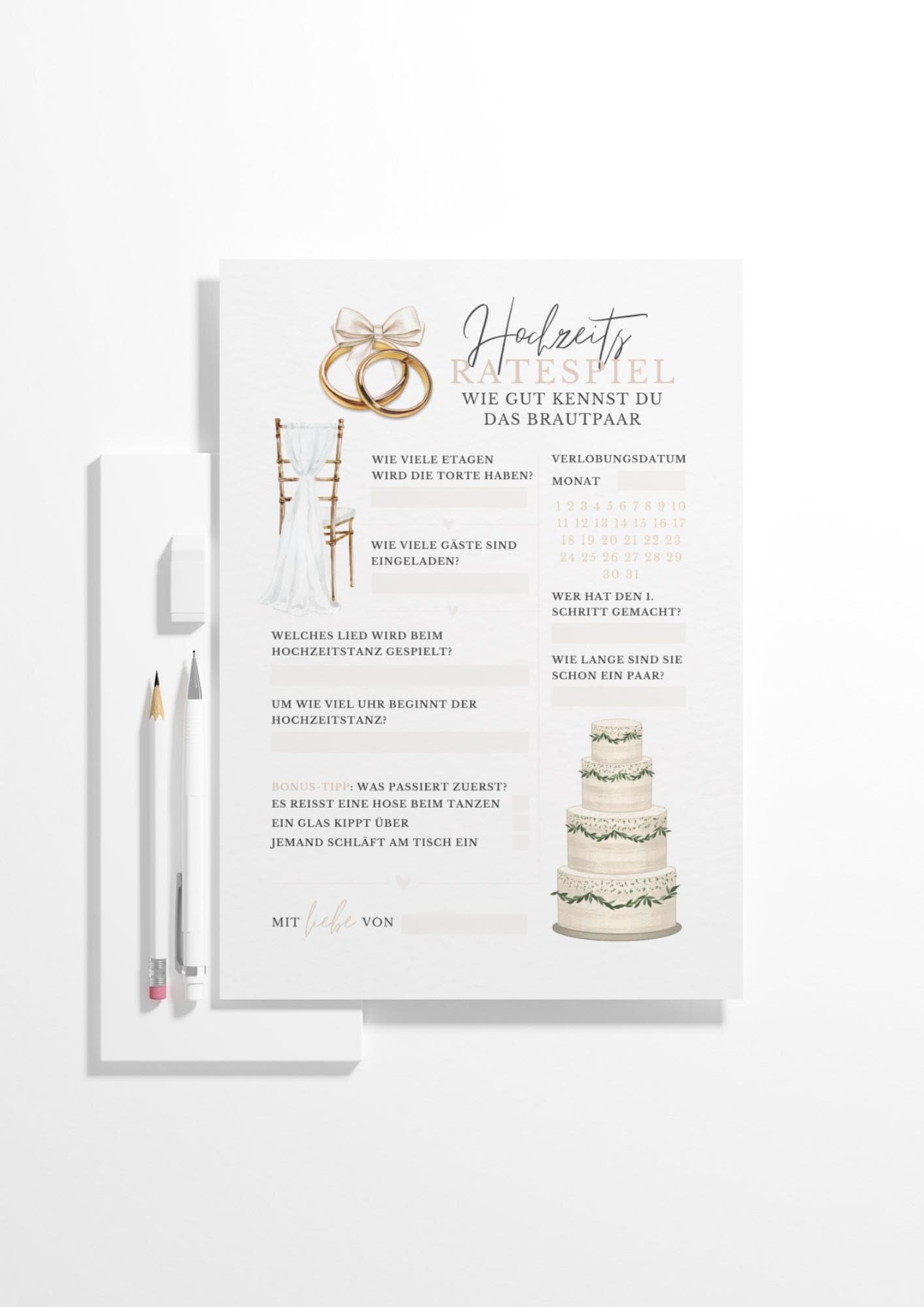 Boho Hochzeitsratespiel Karte mit Ringen und Hochzeitstorte auf hellem Hintergrund – modernes Hochzeitsspiel für Gäste