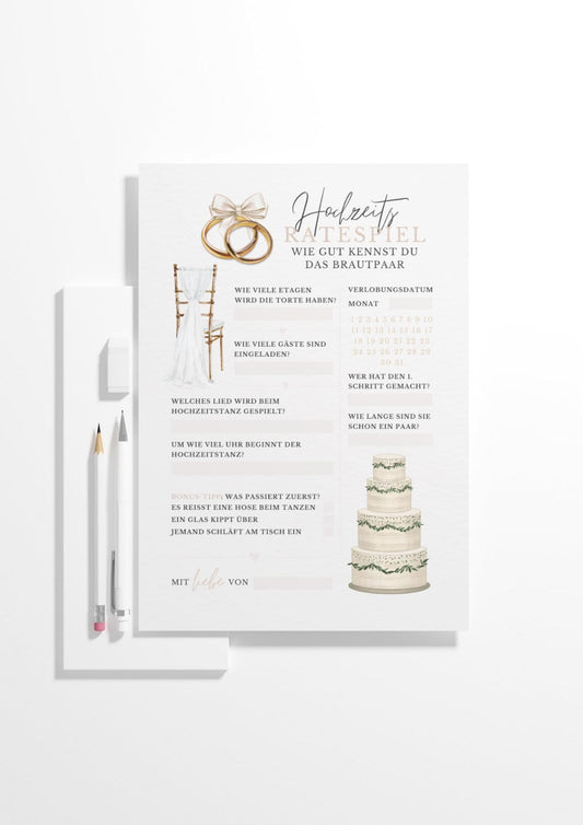 Boho Hochzeitsratespiel Karte mit Ringen und Hochzeitstorte auf hellem Hintergrund – modernes Hochzeitsspiel für Gäste