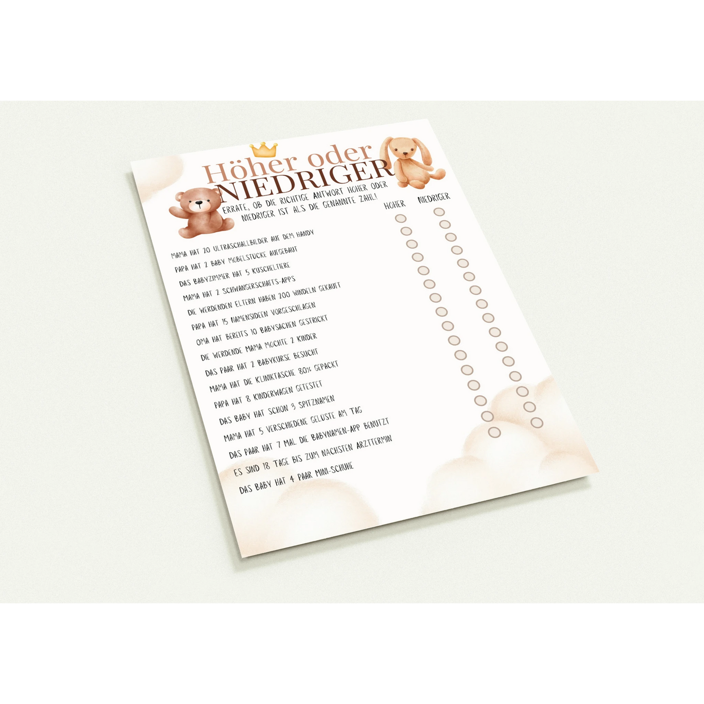 Babyshower Spielkarte Höher oder Niedriger im Boho Stil mit Teddybären-Design in Beige und Braun, lustiges Partyspiel für die Babyparty