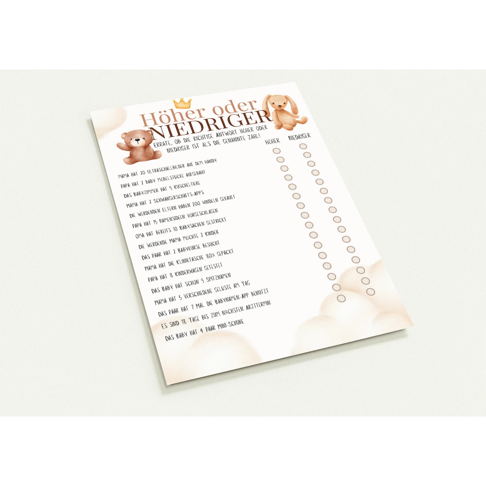 Babyshower Spielkarte Höher oder Niedriger im Boho Stil mit Teddybären-Design in Beige und Braun, lustiges Partyspiel für die Babyparty