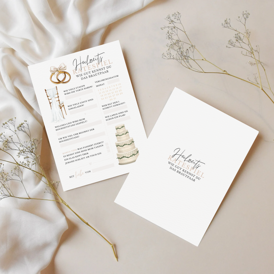 Set aus zwei Hochzeitsratespiel Karten im Boho Stil mit goldenen Ringen, Hochzeitstorte und Trockenblumen – moderne Hochzeitsunterhaltung
