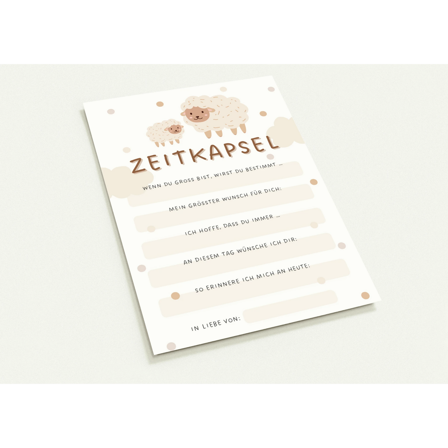 Zeitkapsel Karte im Boho Stil mit Schafmotiv in Beige, liebevolle Erinnerungs- und Wunschkarte für Babys, Kinder oder Taufe