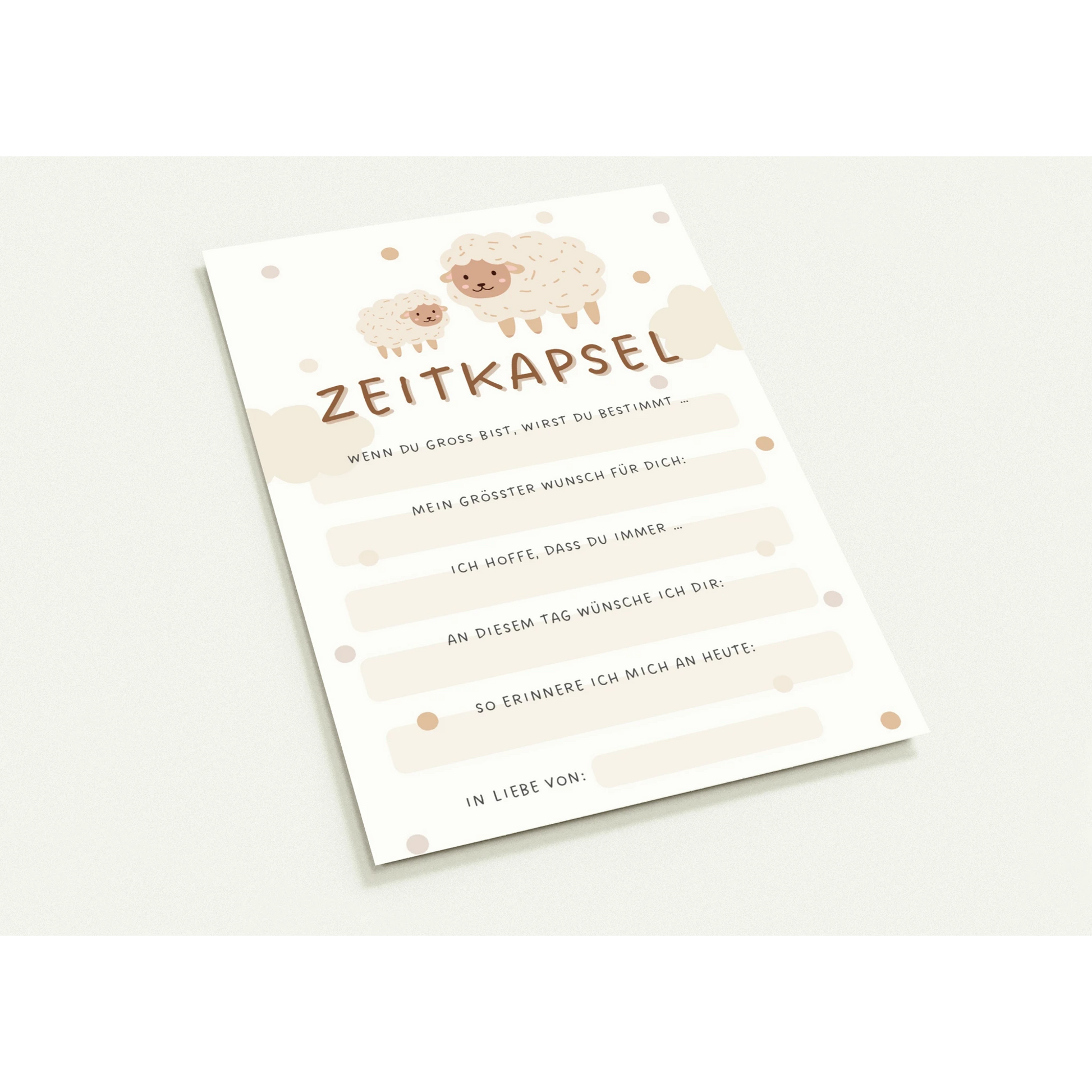 Zeitkapsel Karte im Boho Stil mit Schafmotiv in Beige, liebevolle Erinnerungs- und Wunschkarte für Babys, Kinder oder Taufe