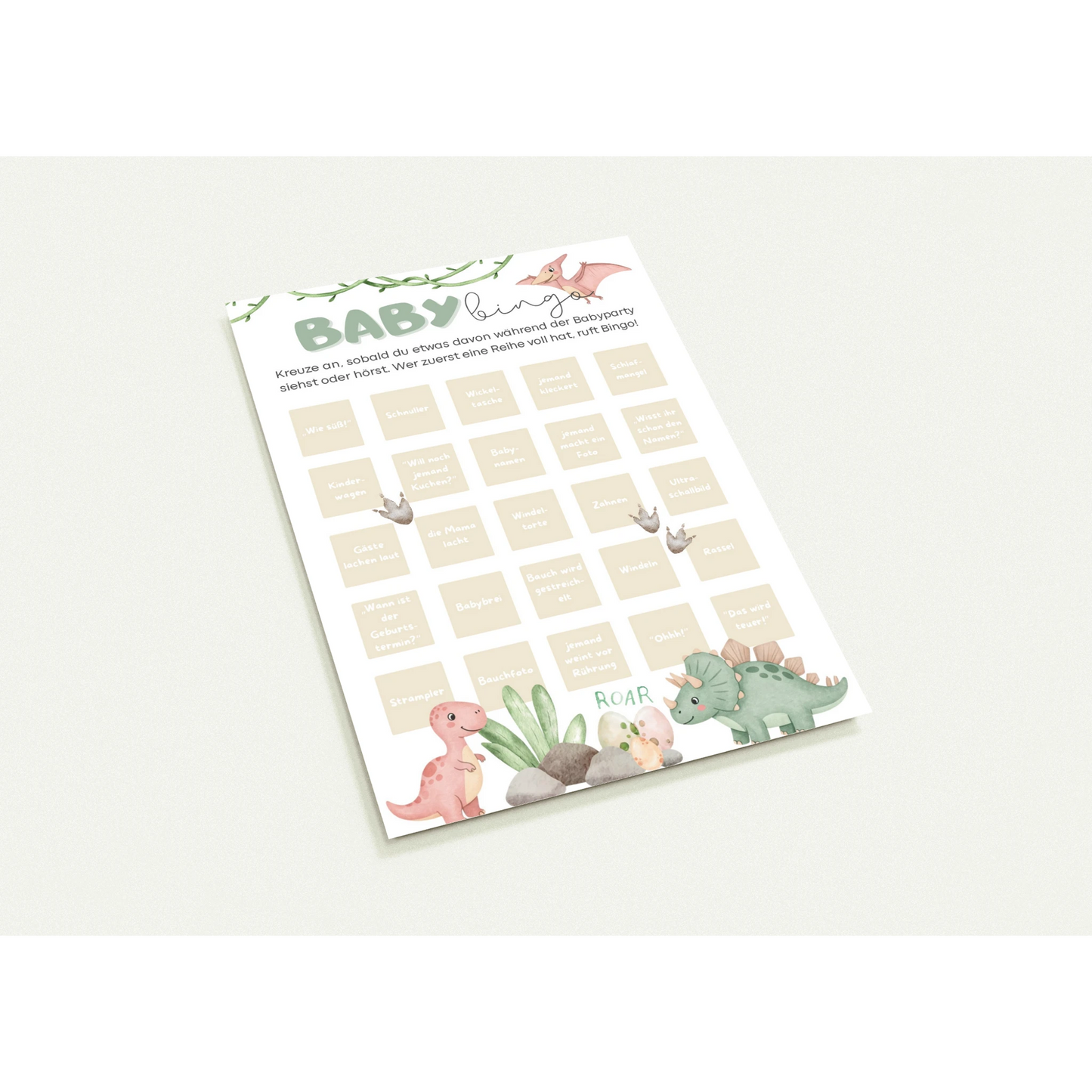 Baby Bingo Karte mit Dinosaurier-Motiv im Boho-Stil, liebevoll gestaltetes Babyparty-Spiel für Jungen und Mädchen in neutralen Grün- und Beigetönen