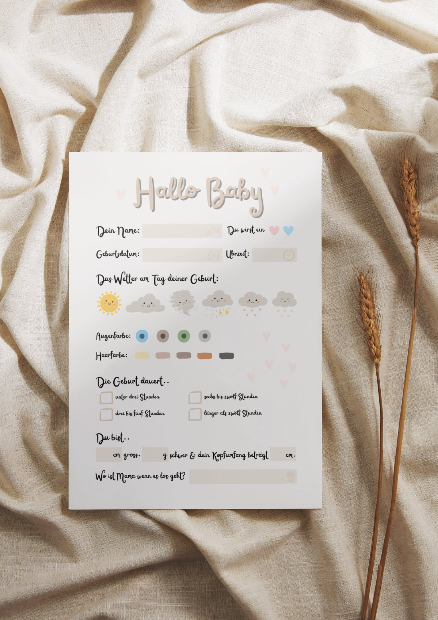 Boho Hallo Baby Karte auf hellem Stoff mit Trockenblumen, moderne Geburtskarte in neutralen Erdtönen – Erinnerungsstück zur Geburt