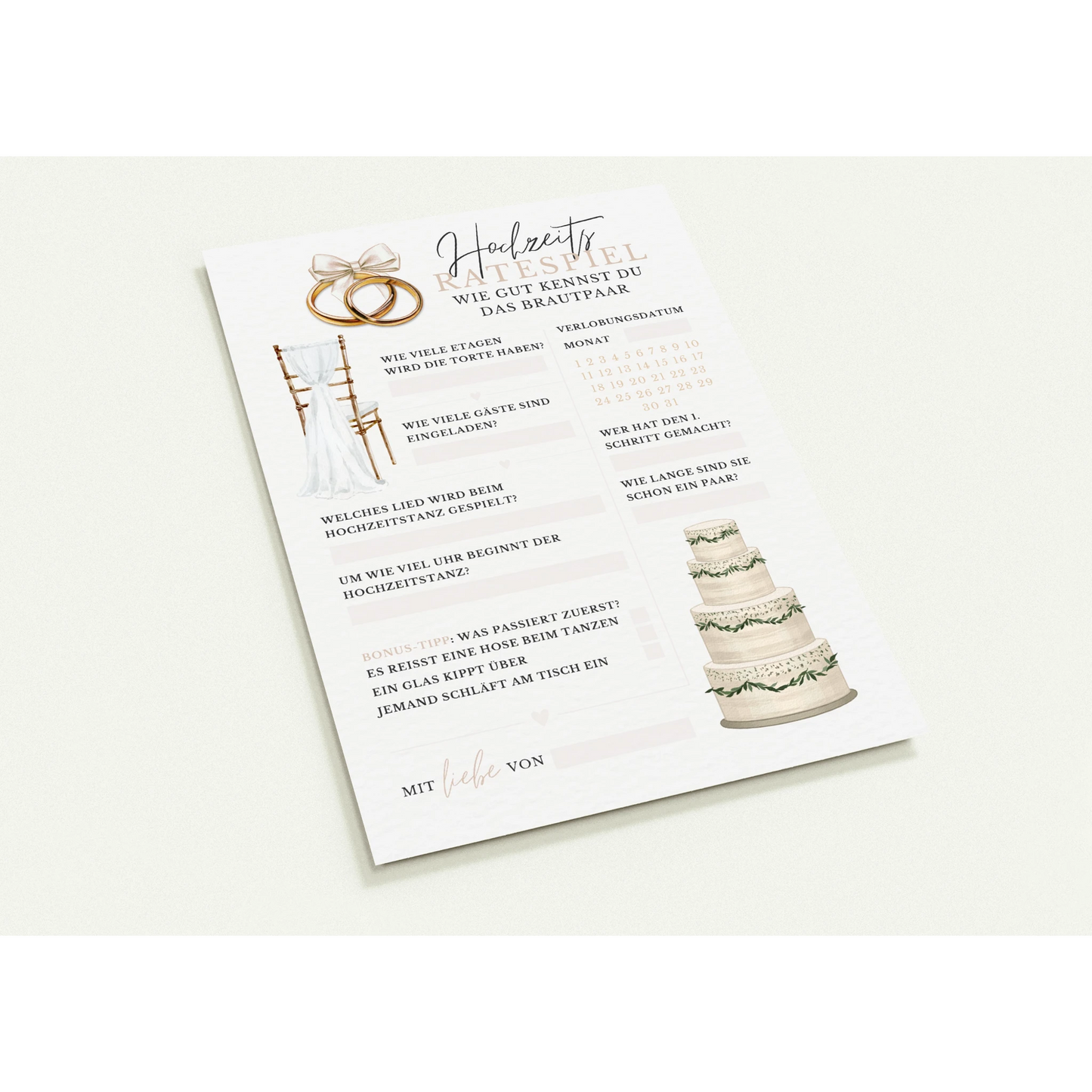 Hochzeitsratespiel Karte im Boho Stil mit Ringen, Torte und Stühlen in Beige – lustiges Spiel für Gäste, um das Brautpaar besser kennenzulernen